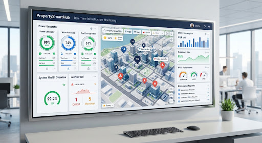 PropertySmartHub live telemetry dashboard showing fuel level gauges, maps, and real-time analytics